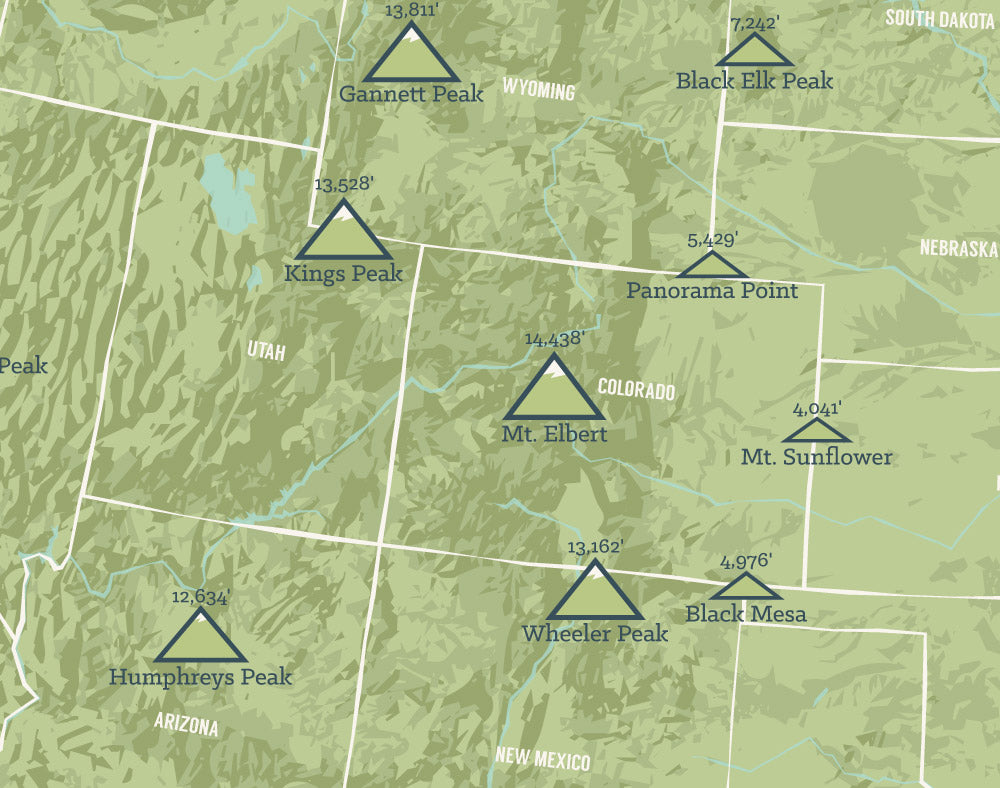 State High Points Highpoints Map Print - sage & aqua