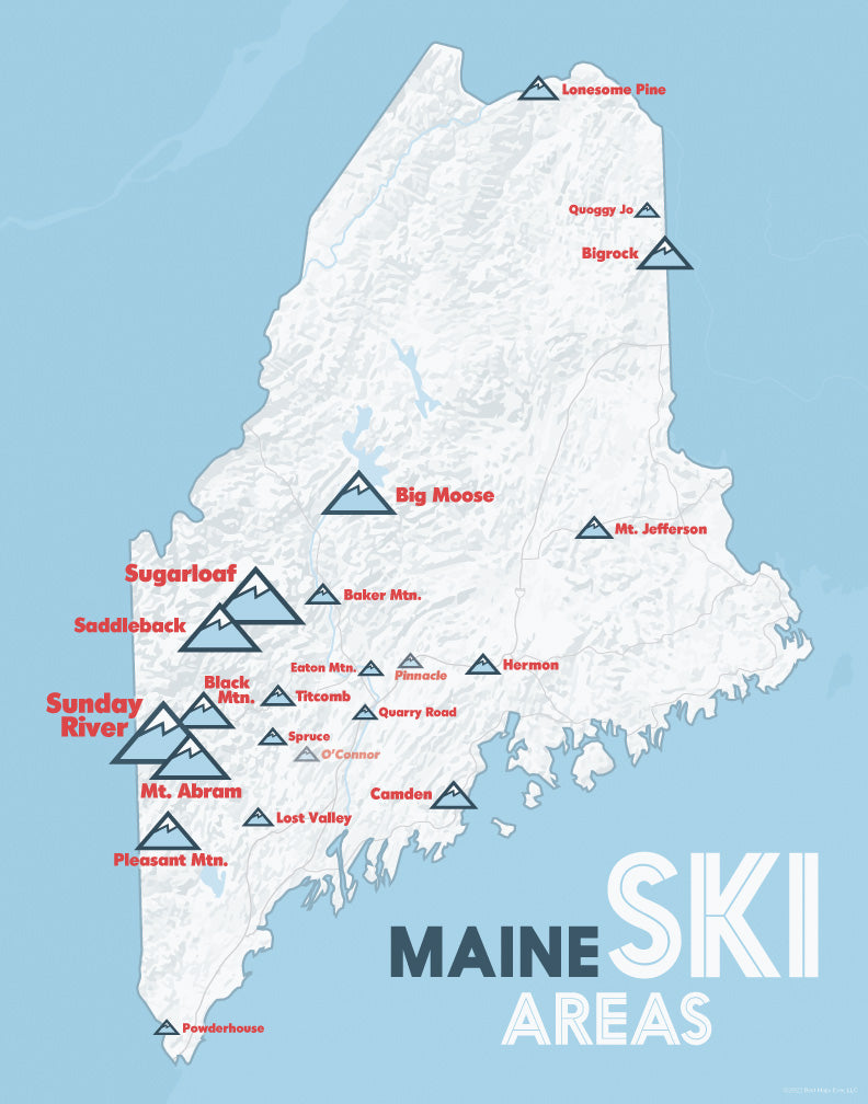 Maine Ski Resorts Map Print - white & light blue