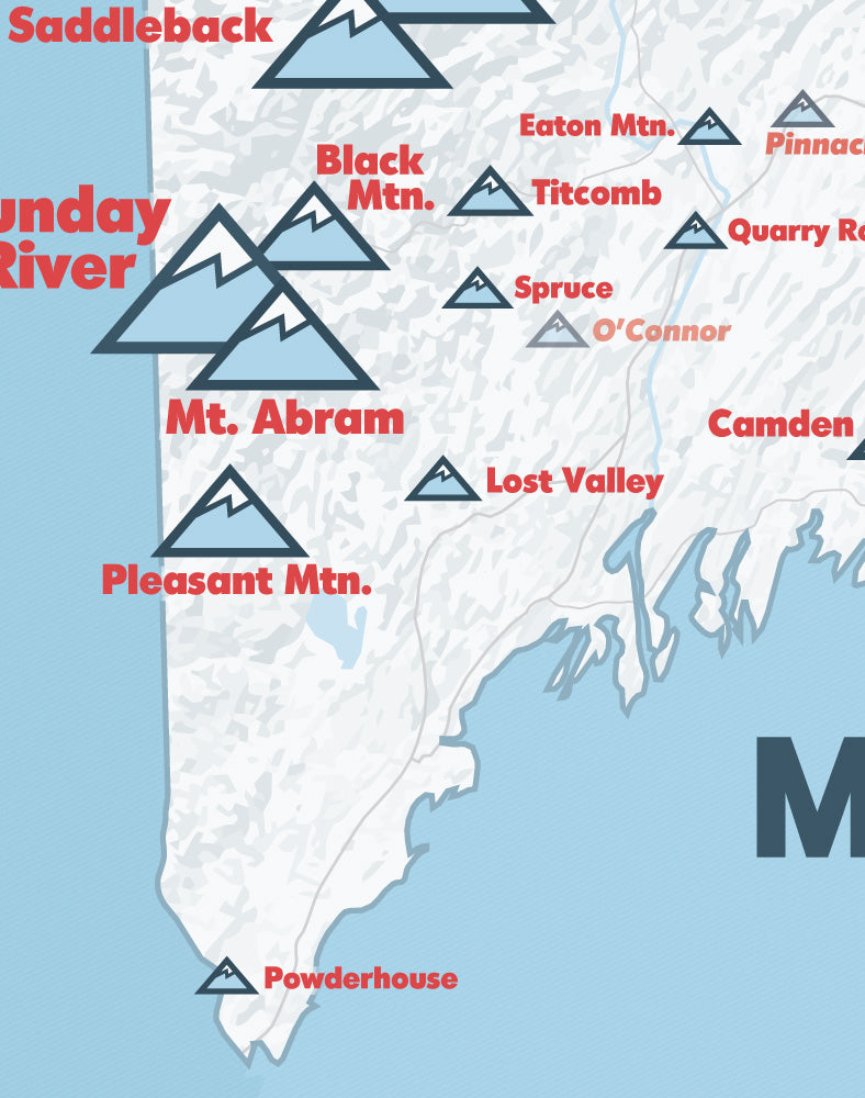 Maine Ski Resorts Map Print - white & light blue