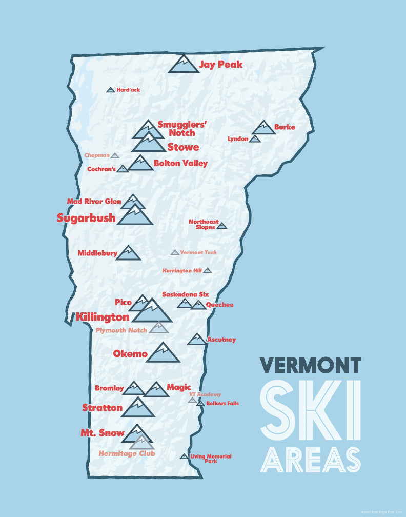 Vermont Ski Areas Resorts Map Print - white & light blue