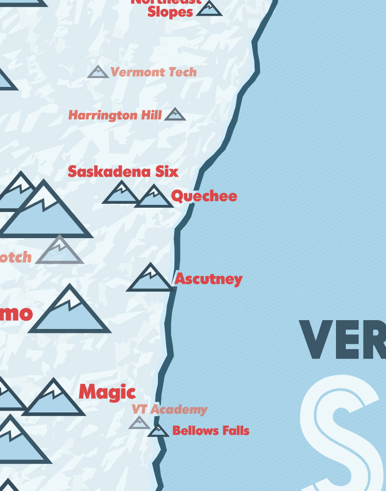 Vermont Ski Areas Resorts Map Print - white & light blue