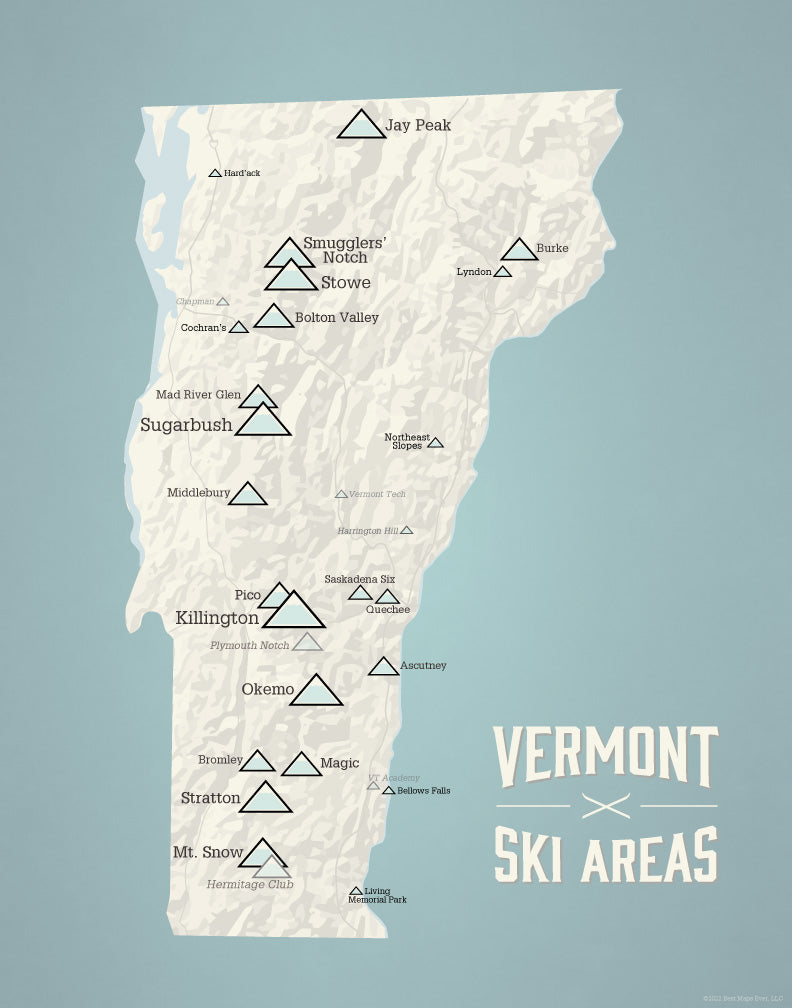 Vermont Ski Areas Resorts Map Print - beige & opal blue