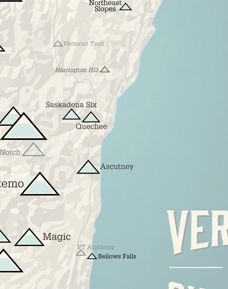 Vermont Ski Areas Resorts Map Print - beige & opal blue