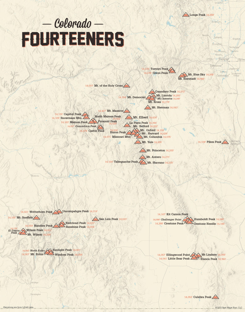 Colorado 14ers Fourteeners Checklist Map - tan