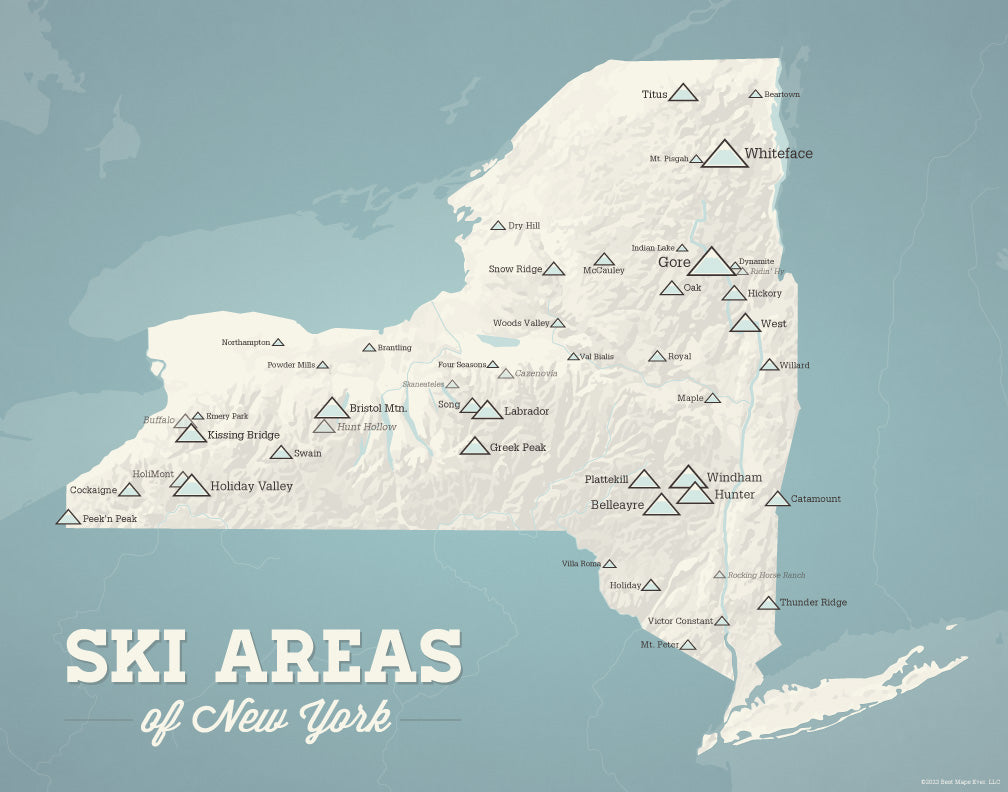 New York Ski Areas Resorts Map Print - white & light blue