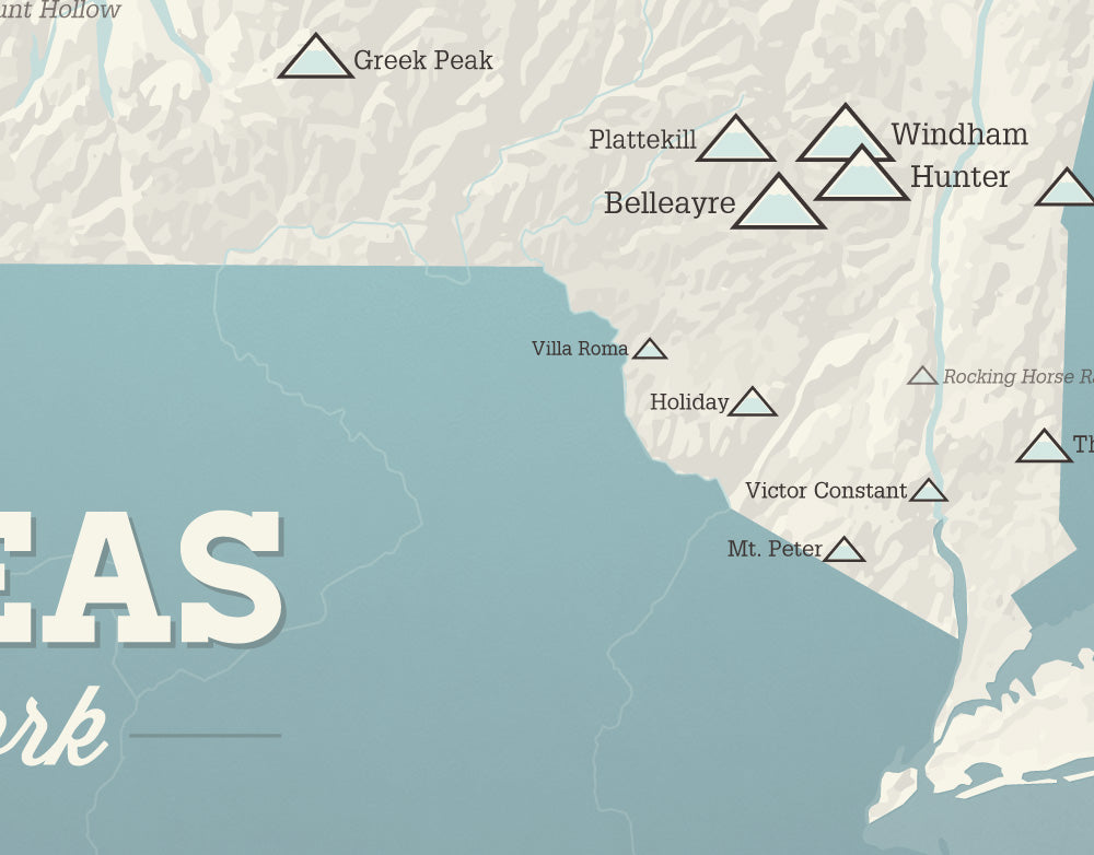 New York Ski Areas Resorts Map Print - beige & opal blue