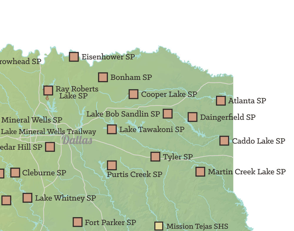 Texas State Parks map print - green & white