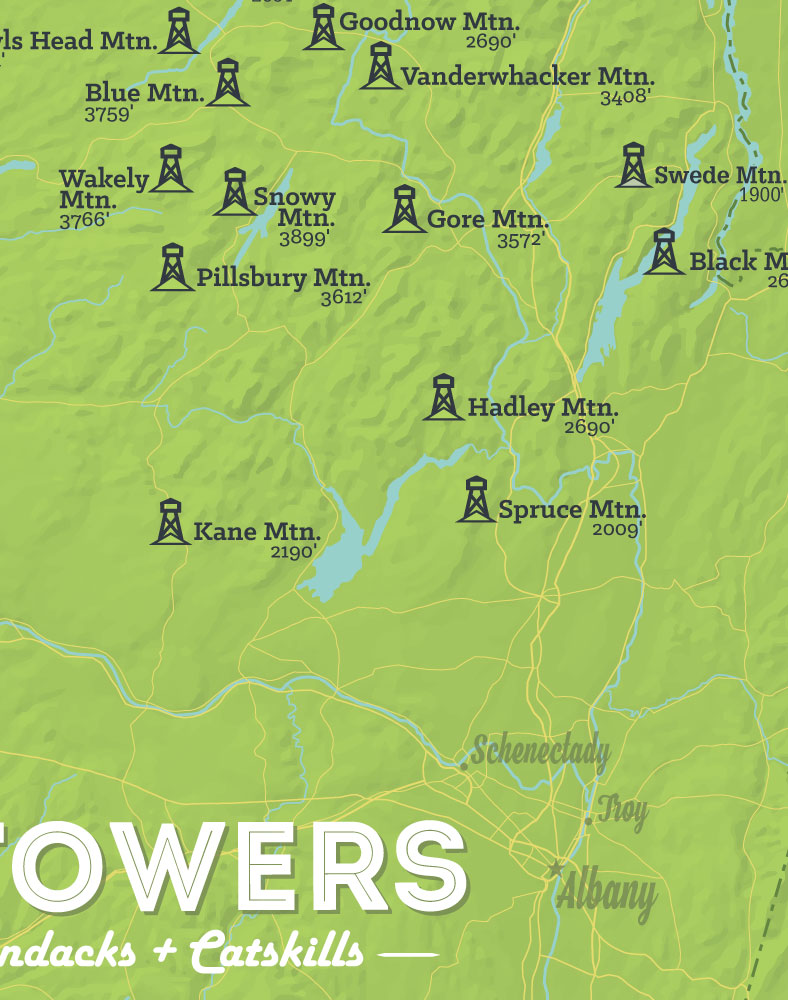 New York Adirondack Catskill ADK Fire Tower Challenge map print - bright green