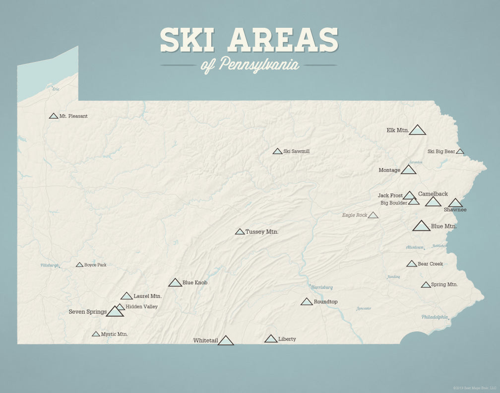 Pennsylvania Ski Areas & Resorts Map - beige & opal blue
