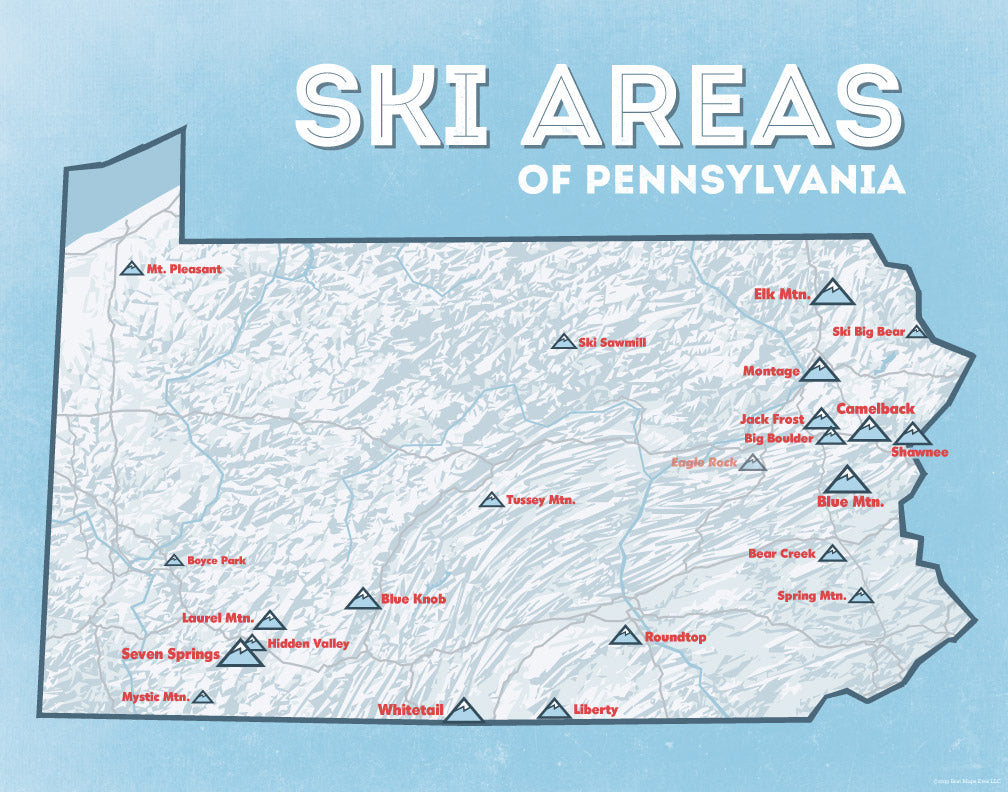 Pennsylvania Ski Areas & Resorts Map - white & light blue