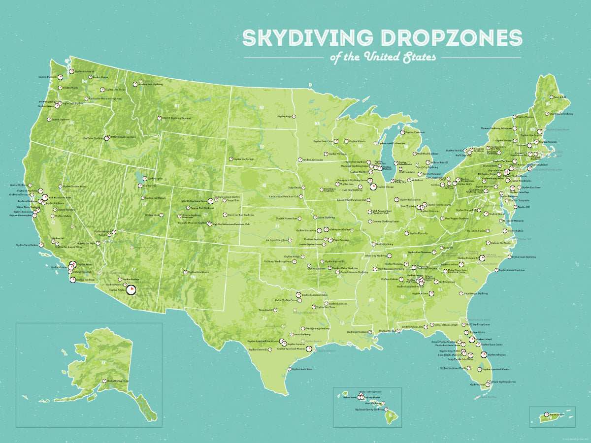 USA Skydiving Dropzones Map Poster - green & aqua