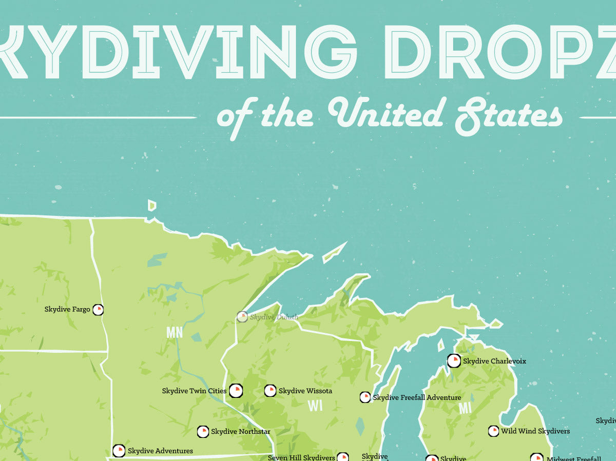 USA Skydiving Dropzones Map Poster - green & aqua