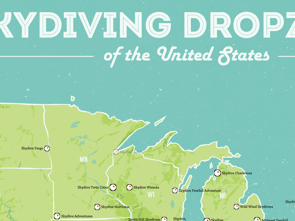 USA Skydiving Dropzones Map Poster - green & aqua