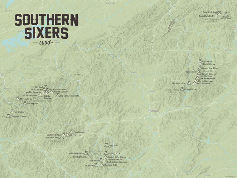 North Carolina 'Southern Sixers' / 'South Beyond 6000' Map Poster - sage