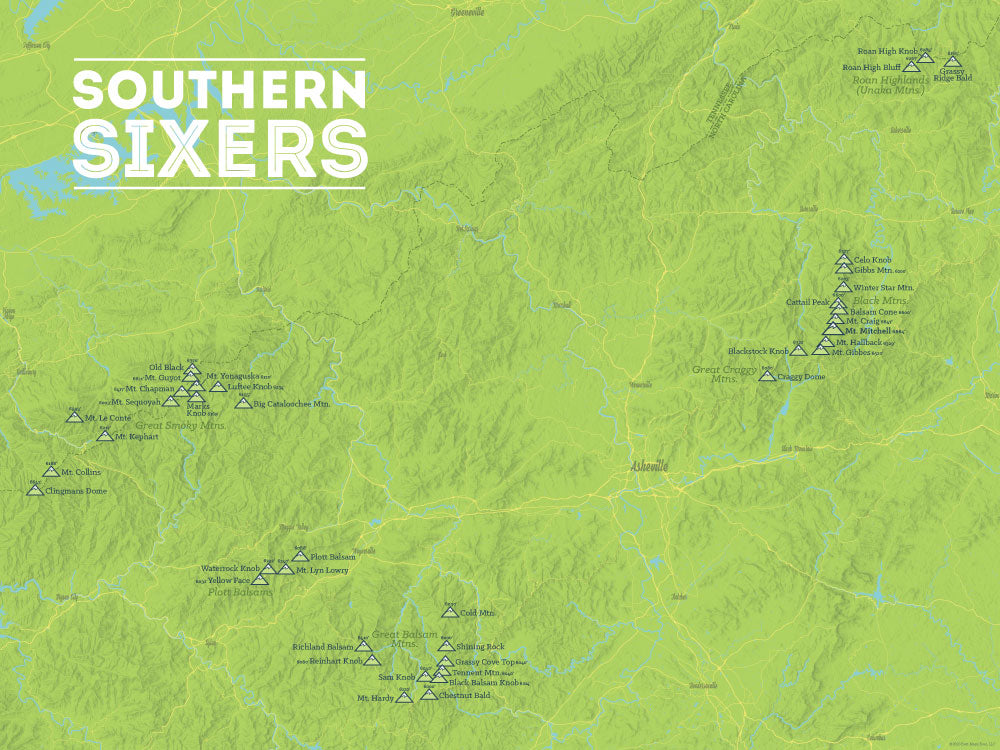 North Carolina 'Southern Sixers' / 'South Beyond 6000' Map Poster - bright green