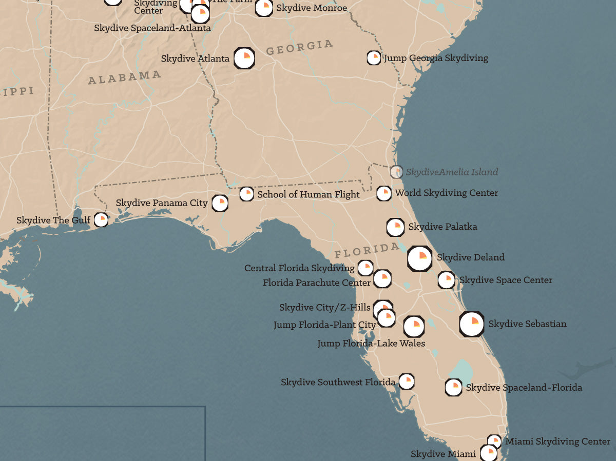 USA Skydiving Dropzones Map Poster - tan & slate blue