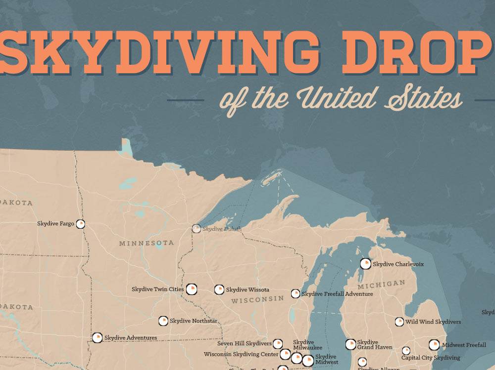 USA Skydiving Dropzones Map Poster - tan & slate blue
