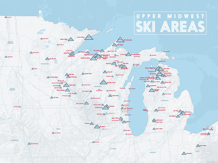 Upper Midwest Ski Areas Resorts Map Poster - white & light blue