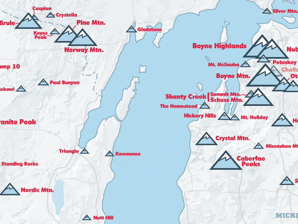 Upper Midwest Ski Areas Resorts Map Poster - white & light blue