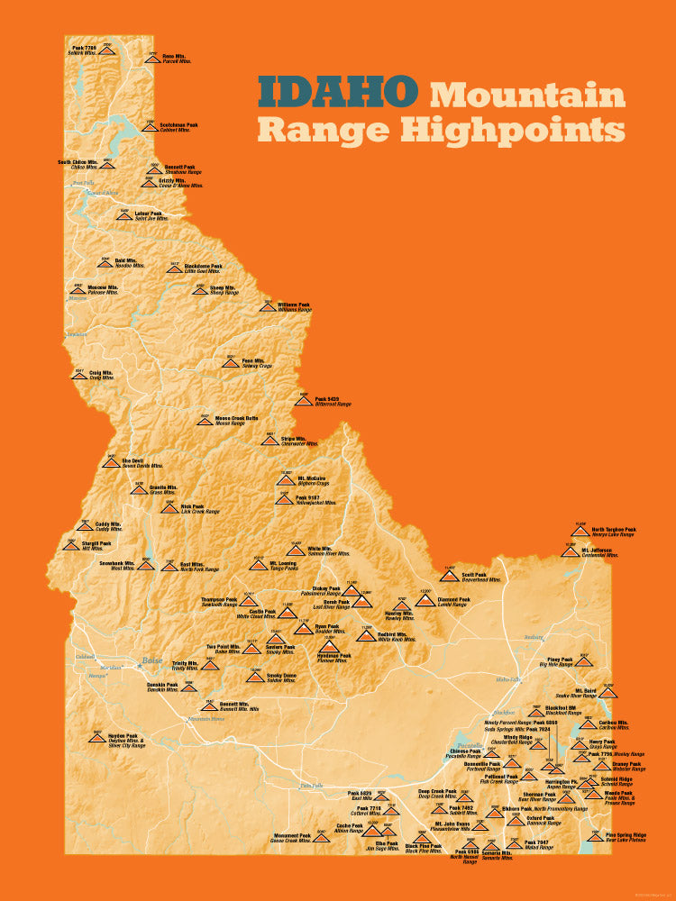 Idaho Mountain Range Highpoints Map Poster - cream & orange