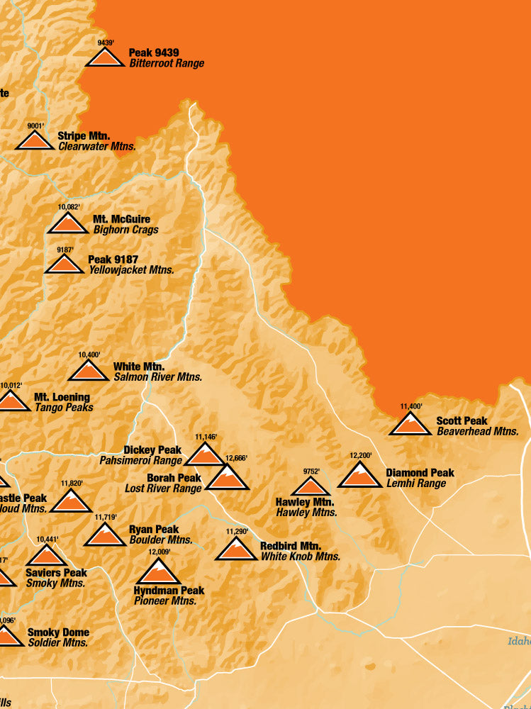 Idaho Mountain Range Highpoints Map Poster - cream & orange