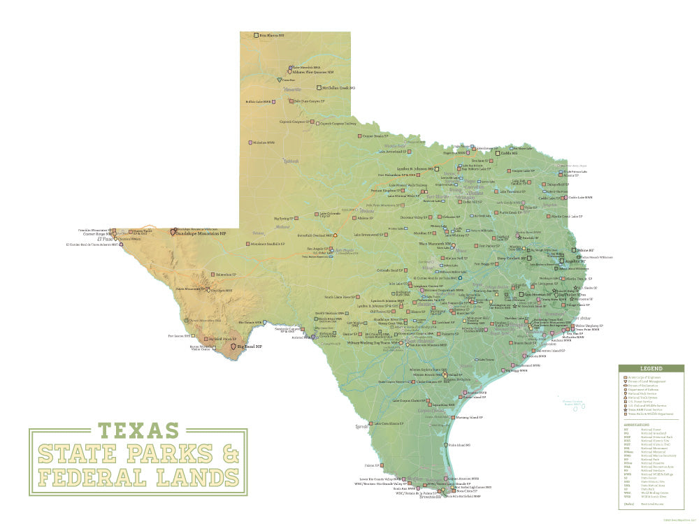 Texas State Parks & Federal Lands map poster - green & white
