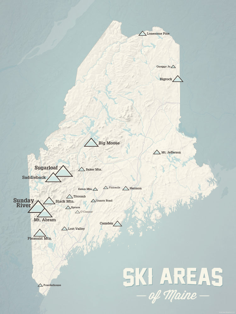 Maine Ski Resorts map poster - beige & opal blue