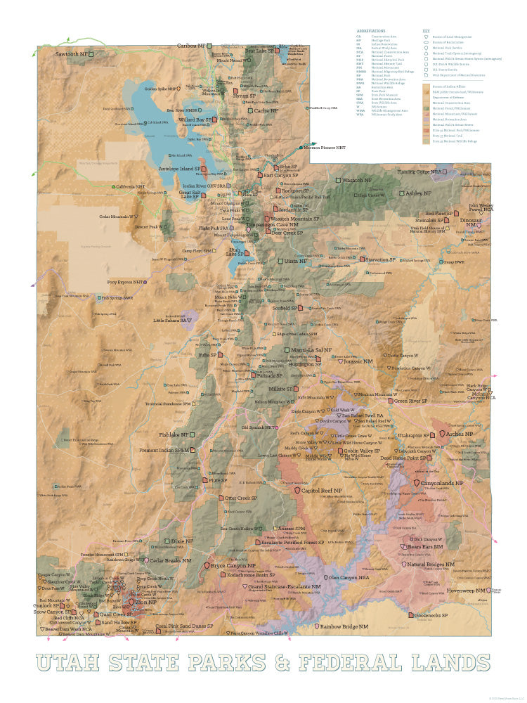 Utah State Parks, National Parks, Federal Lands map poster - camel & white