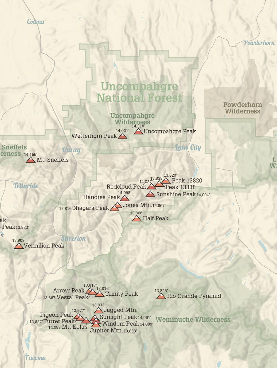 Colorado Centennial Peaks Map Poster - tan