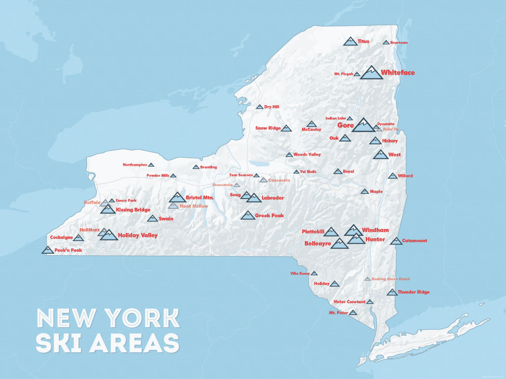 New York Ski Areas Resorts Map Poster - white & light blue