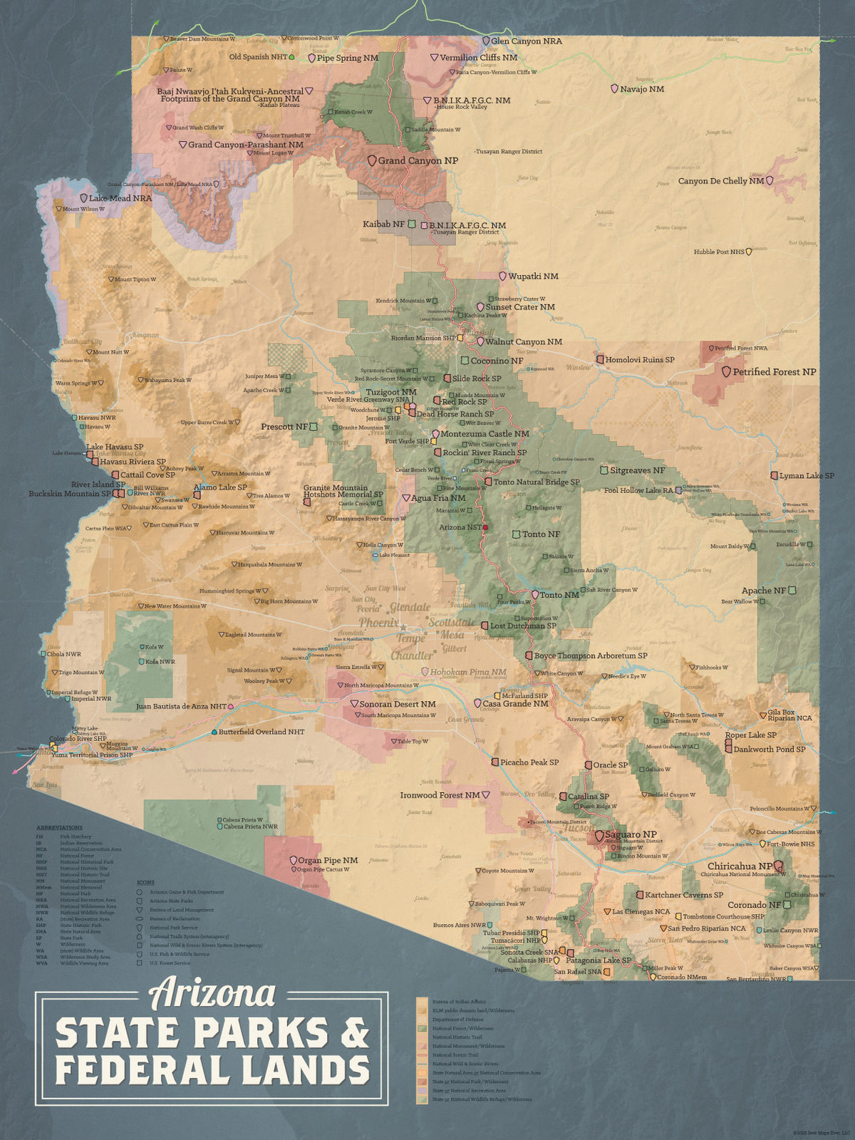 Arizona State Parks & Federal Lands Map 18x24 Poster – camel & slate blue