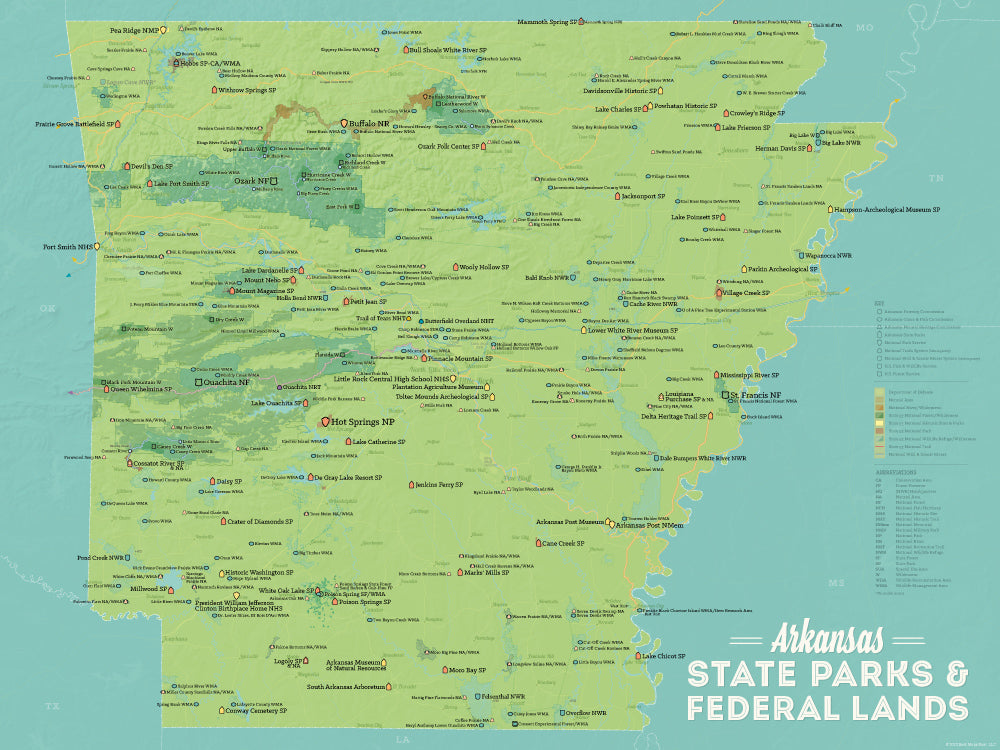 Arkansas State Parks & Federal Lands Map Poster - green & aqua