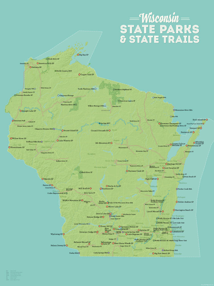 Wisconsin State Parks & State Trails Map Poster - green & aqua