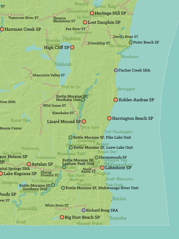 Wisconsin State Parks & State Trails Map Poster - green & aqua