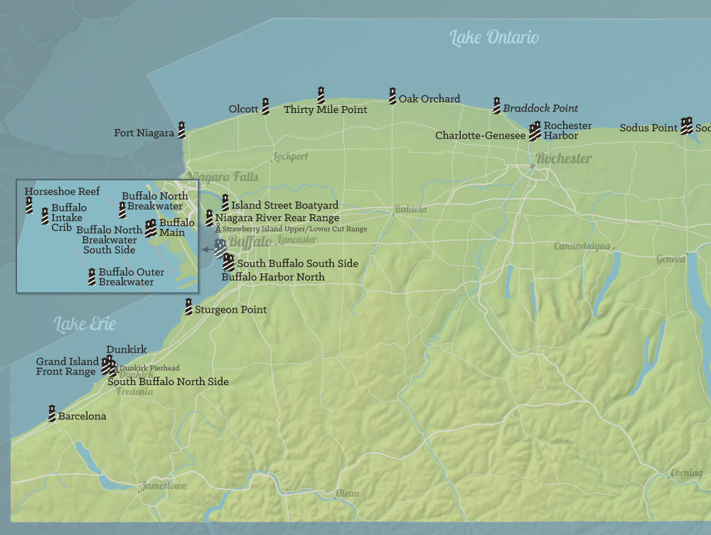 New York Lighthouses Map Checklist Poster - natural earth
