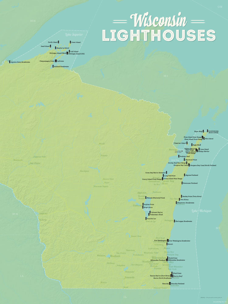 Wisconsin Lighthouses Map Checklist Poster - green & aqua
