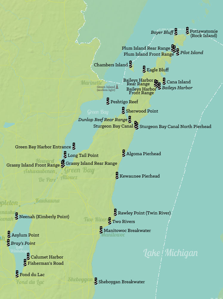 Wisconsin Lighthouses Map Checklist Poster - green & aqua