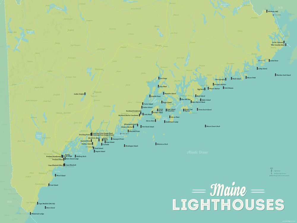 Maine Lighthouses Map Checklist Poster - green & aqua