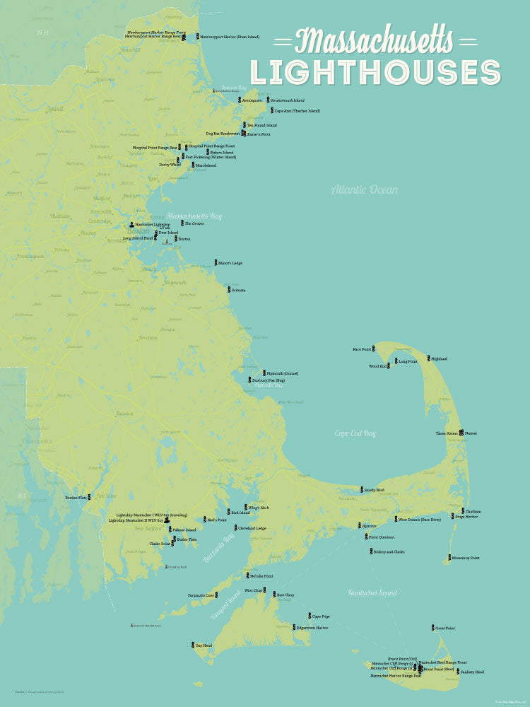 Massachusetts Lighthouses Map Checklist Poster - green & aqua