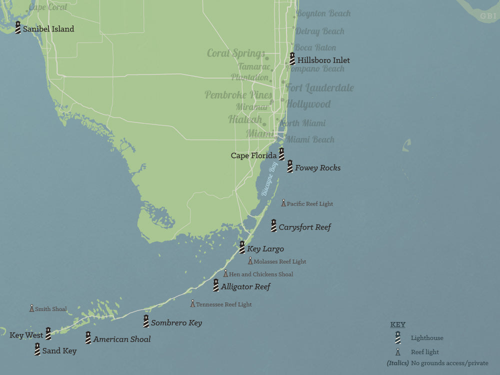 Florida Lighthouses Map Checklist Poster - natural earth