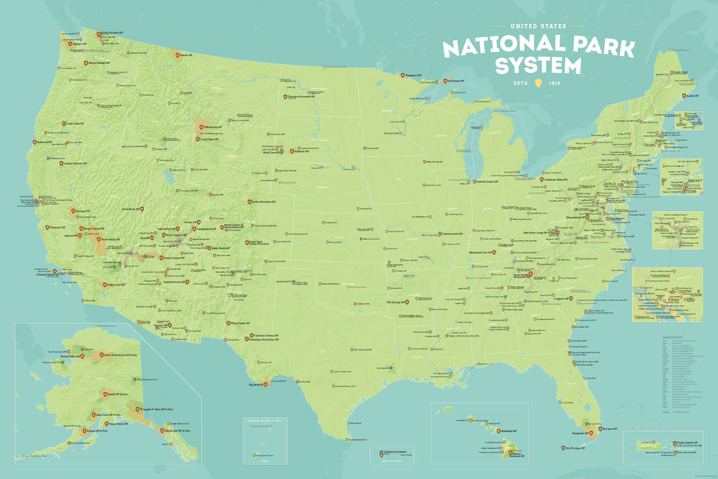 USA National Park System Units Map Poster - green & aqua
