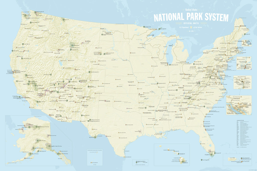 USA National Park System Units Checklist Map Poster - Beige & Light Blue