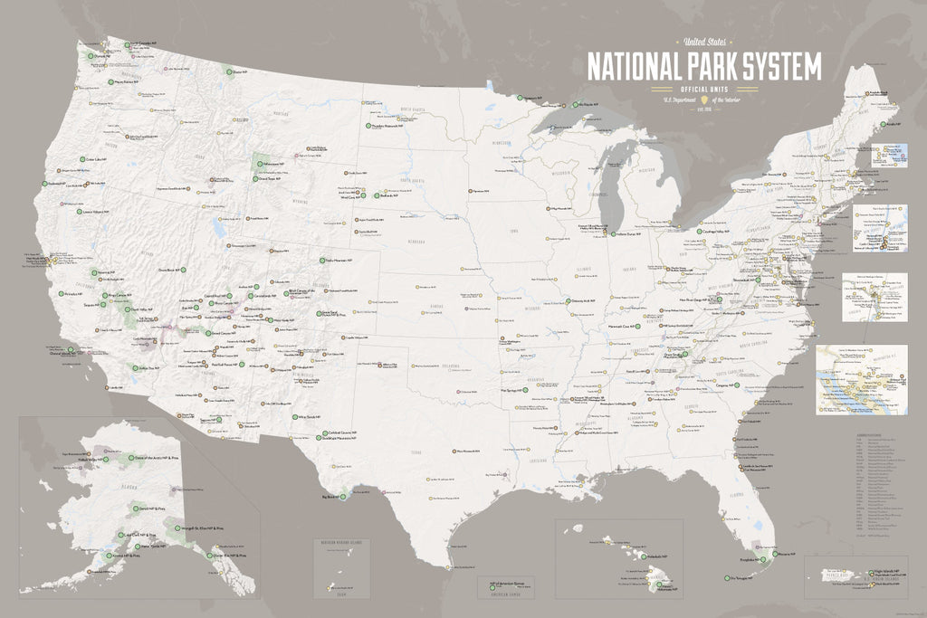 USA National Park System Units Map Poster - White & Gray