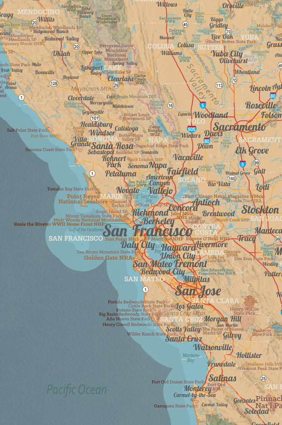 California State Wall Map 24x36 Poster - tan & slate blue