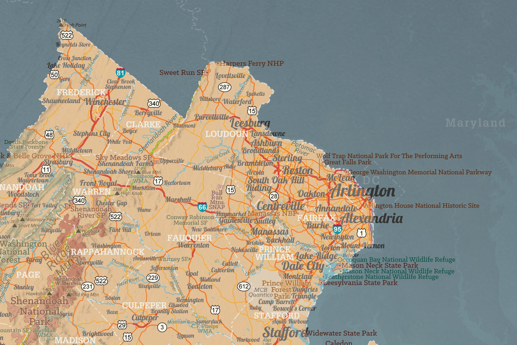 Virginia State Wall Map 24x36 Poster - tan & slate blue