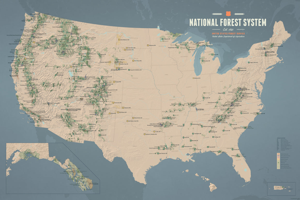 USA National Forest System Map Poster - tan & slate blue