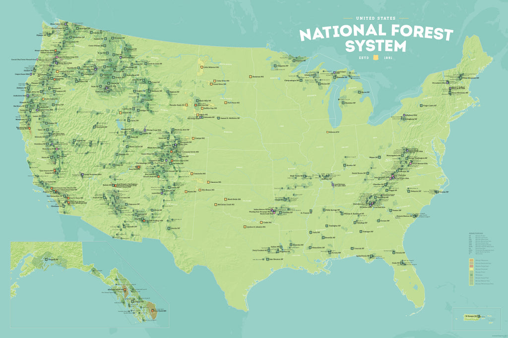 USA National Forest System Map Poster - green & aqua