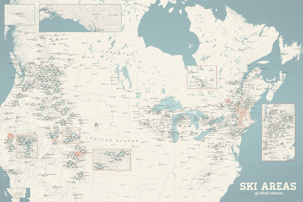 North America Ski Areas Resorts map poster - beige & opal blue