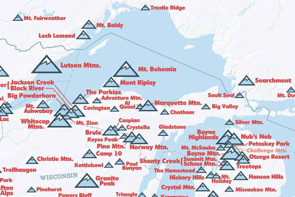 North America Ski Areas Resorts Map Poster - white & light blue