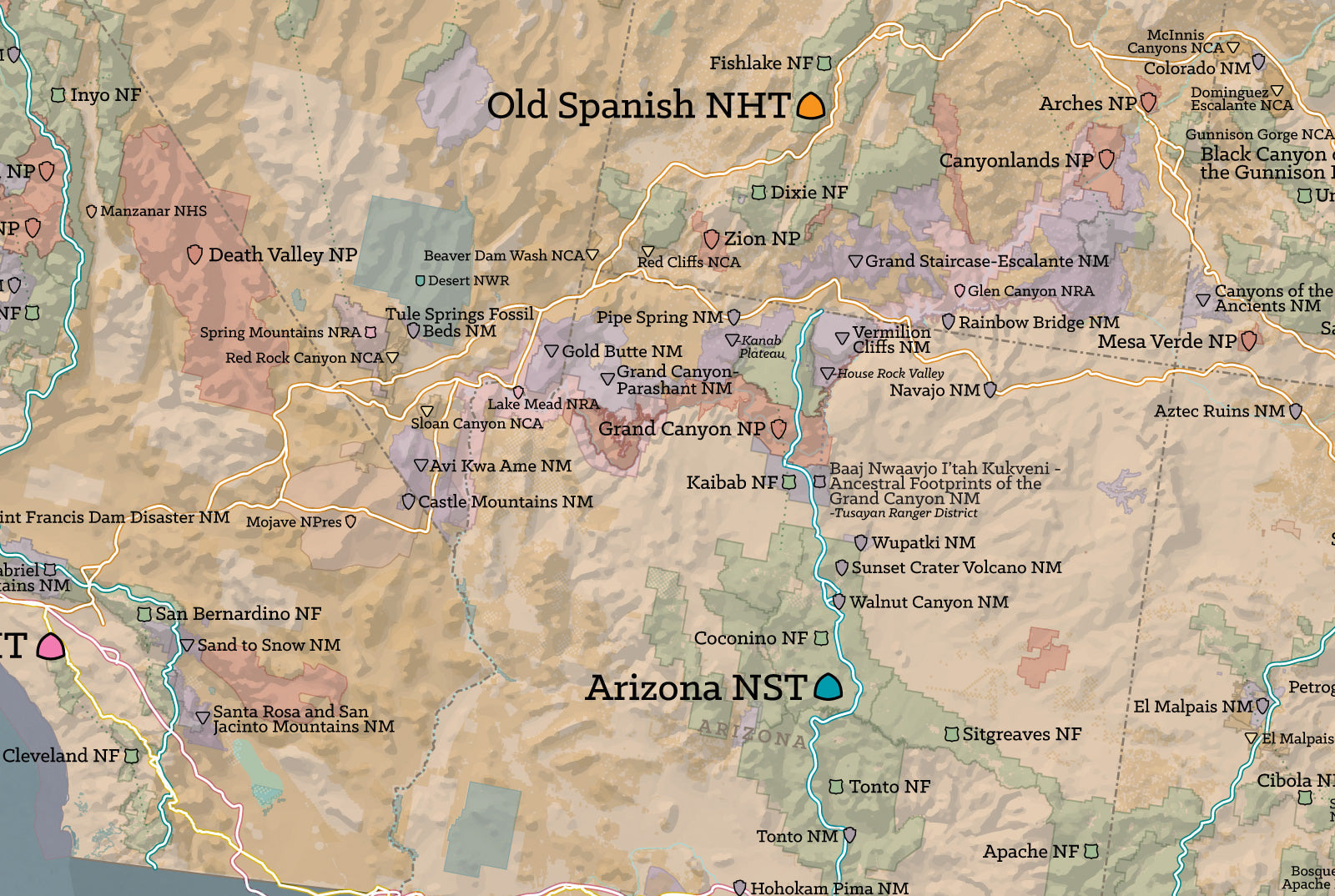 US National Trails System Checklist Map Poster - tan & slate blue